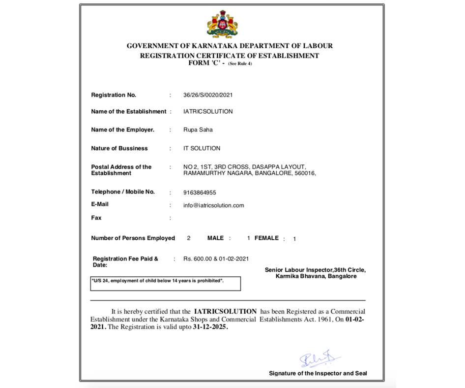 Labour Department Certificate